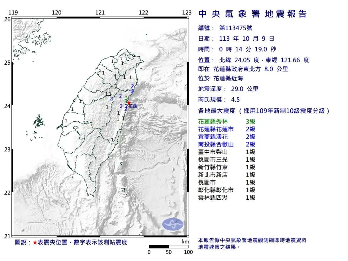 ▲今（9）日凌0時14分，花蓮縣近海發生芮氏規模4.5地震。（圖／中央氣象署）