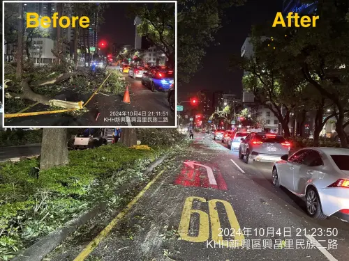 ▲台中市救災團隊連夜搶通高雄市民族路等周邊重要道路。（圖／台中市政府提供，2024.10.09）