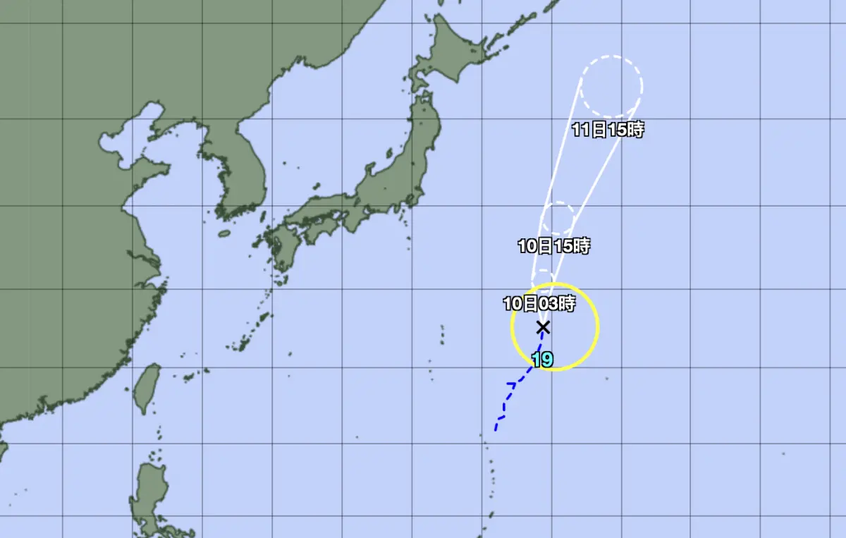 ▲今年第19號颱風「百里嘉」今（9）日下午生成，路徑將往北移動，對台灣並無影響。（圖／日本氣象廳）