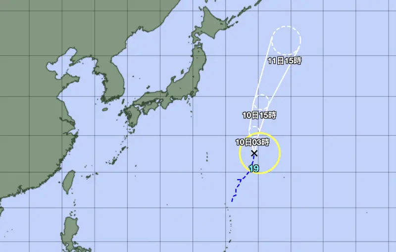 ▲今年第19號颱風「百里嘉」今（9）日下午生成，路徑將往北移動，對台灣並無影響。（圖／日本氣象廳）