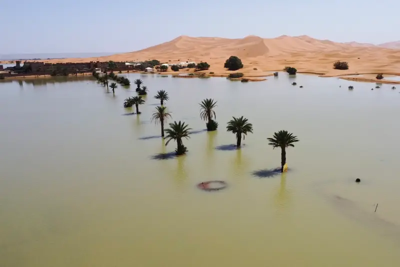 ▲非洲摩洛哥南部的撒哈拉沙漠（Sahara desert），是世界上最乾燥的地方之一，但在今年9月卻罕見降下暴雨，有些地區甚至兩天的降雨量就達到了年平均雨量，讓沙漠地區淹水成災。（圖／美聯社／達志影像）