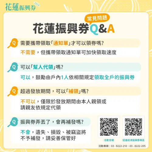 ▲花蓮振興券QA一次看,超過時間沒領不能補發喔。(圖/花蓮縣政府提供) ▲花蓮振興券QA一次看,超過時間沒領,或是不小心弄丟了,都不能補發喔。(圖/花蓮縣政府提供)