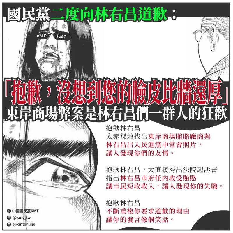 ▲國民黨在臉書作梗圖，酸林右昌臉皮厚，任內的東岸商場弊案，是基隆市民的悲哀。（圖／翻攝國民黨臉書）