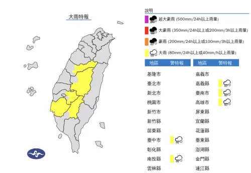 ▲中央氣象署發布「大雨特報」，午後對流雲系發展旺盛，南台灣有短延時強降雨。（圖／中央氣象署）