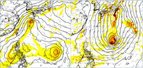 ▲最新歐洲（左）和美國模式（右），都顯示下週在台灣東側海面的大低壓環流內，有2至3個低壓擾動發展。（圖／「三立準氣象．老大洩天機」）