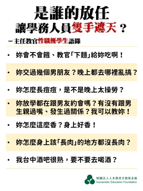 ▲人本列舉張姓主任教官對女生性騷擾的驚人語錄。（資料畫面）