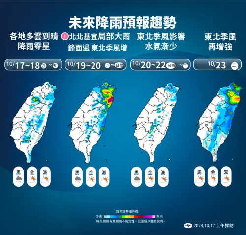 ▲下週三（23）日另一東北季風增強，北部及東半部降雨機率增，其他地區維持多雲到晴。（圖／中央氣象署提供）