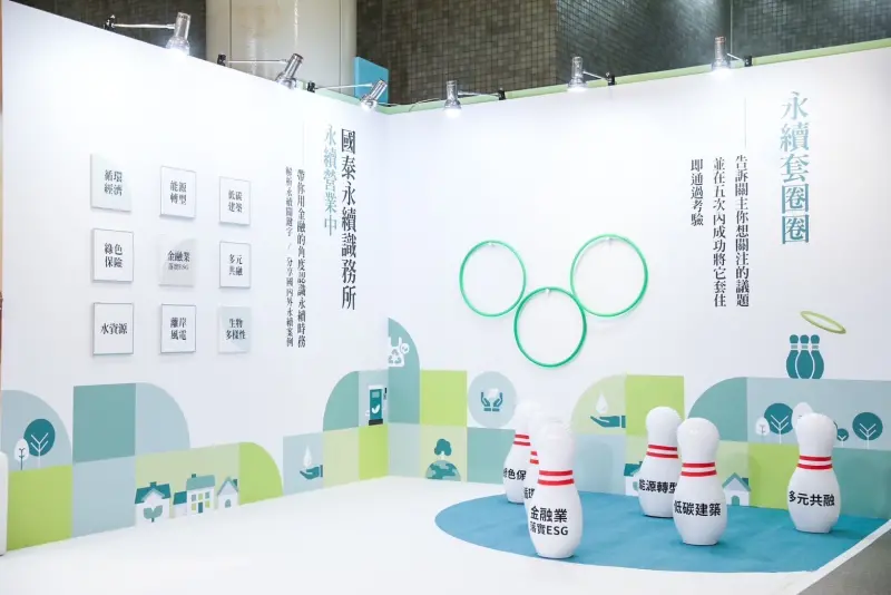 ▲「國泰永續識務所」展區中,「國泰永續大事紀牆」將展出國泰近年永續里程碑,另有「永續識務所翻翻牌」及「永續套圈圈」等互動遊戲設計,讓民眾在輕鬆的互動中了解永續金融,並承諾氣候行動。(圖/國泰金提供)