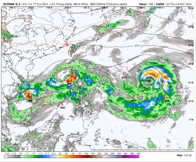 ▲根據歐洲模式，昨（18）日12z預測10月24日晚上8點累積雨量和地面氣壓分佈圖。（圖／翻攝自賈新興YT）