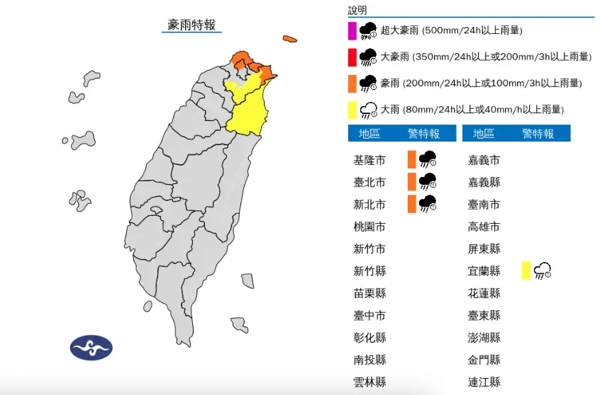 ▲今（19）日下半天受到鋒面通過及東北風影響，易有短延時強降雨，中央氣象署提醒基隆北海岸及台北市山區有局部大雨或豪雨，宜蘭地區及新北山區有局部大雨發生的機率。（圖／中央氣象署提供）