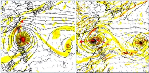 ▲歐洲（ECMWF）模式25日20時模擬圖顯示，擾動前進至呂宋島東北角，未來轉向台灣東部近海，闖進警報區（圖左）。美國（GFS）模式25日20時模擬圖則為已通過呂宋島北部，未來向南海前進（圖右）。（圖／吳德榮提供）