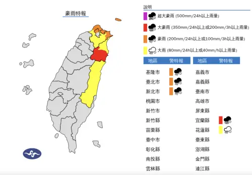 ▲今(20)日豪雨警戒的地區包含了宜蘭、基隆、臺北、新北、花蓮。（圖／翻攝氣象署官網）