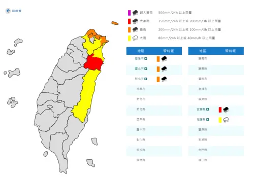 ▲中央氣象署10月20日15時00分對5縣市發布豪雨特報。（圖／中央氣象署）