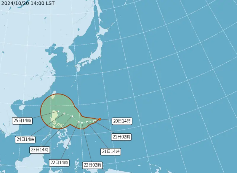 ▲熱帶性低氣壓TD24於今（20）日下午生成，目前位於菲律賓東方海面上，以每小時25公里速度，向西進行。（圖／中央氣象署）