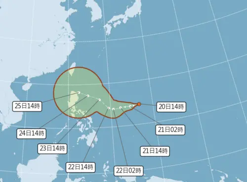 ▲熱帶性低氣壓TD24在今（20）日下午2點生成，中心位置在北緯 14.6 度，東經 136.8 度，以每小時25公里速度，向西進行。（圖／翻攝氣象署官網）