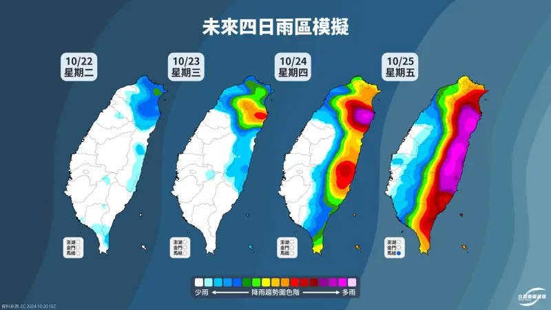 ▲因潭美颱風外圍環流遭中央山脈切割，未來4天「宜蘭、花蓮、台東、恆春、基隆北海岸、台北東側」6地區容易出現較強且長的雨勢。（圖／取自氣象粉專「台灣颱風論壇｜天氣特急」）