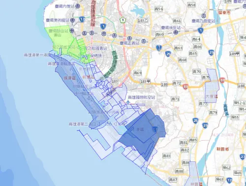 ▲10月30日高雄部分地區將停水，藍色區塊為停水區域、綠色為降壓區域。（圖／自來水公司）