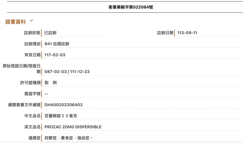 ▲禮來藥廠已經註銷百憂解許可證。（圖／翻攝衛福部官網）