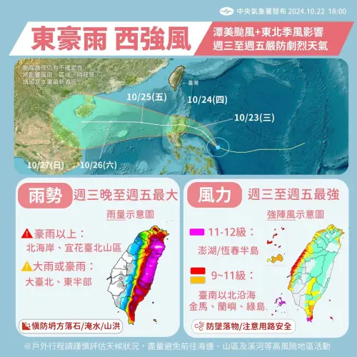 ▲潭美颱風影響，週三晚間至週五雨勢最猛烈。（圖／取自「報天氣 - 中央氣象署」）