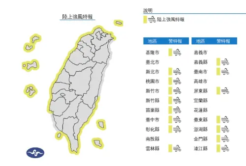 ▲東北風明顯偏強，臺南至雲林、新竹以北沿海空曠地區及苗栗至彰化、基隆北海岸、恆春半島、綠島、澎湖、金門、馬祖有9至11級強陣風，澎湖、蘭嶼、恆春半島易有10至12級強陣風。（圖／取自中央氣象署）