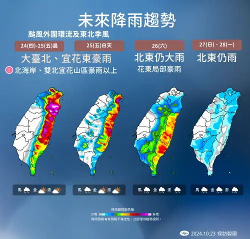 ▲明天、週五（24、25日）「潭美」外圍環流受地形抬升，迎風面北部、東半部有大量降雨的機率。（圖／中央氣象署提供）