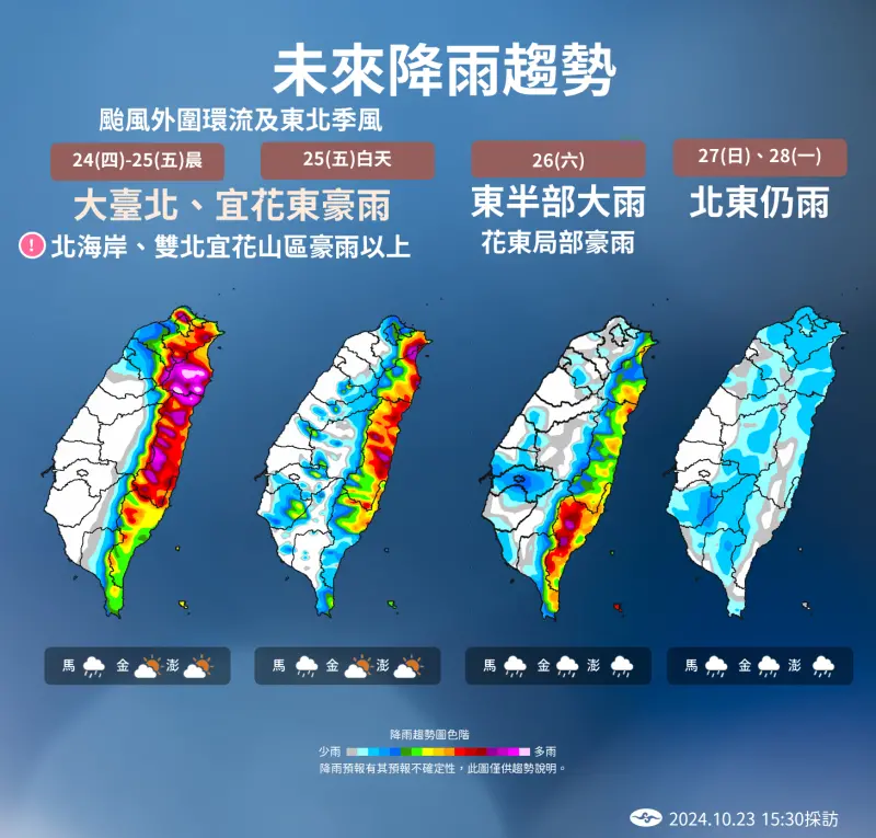 ▲明天（24日）至週五（25日）北海岸、雙北宜花山區有豪雨以上機會，提醒民眾做好防災準備。（圖／中央氣象署提供）