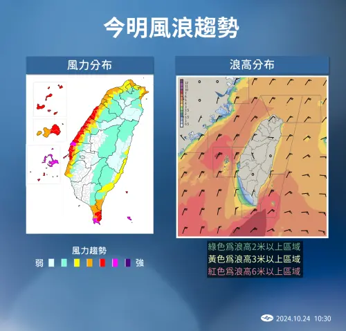 ▲苗栗到雲林沿海地區、澎湖、恆春半島、蘭嶼有機會出現10～12級強陣風。（圖／中央氣象署提供）