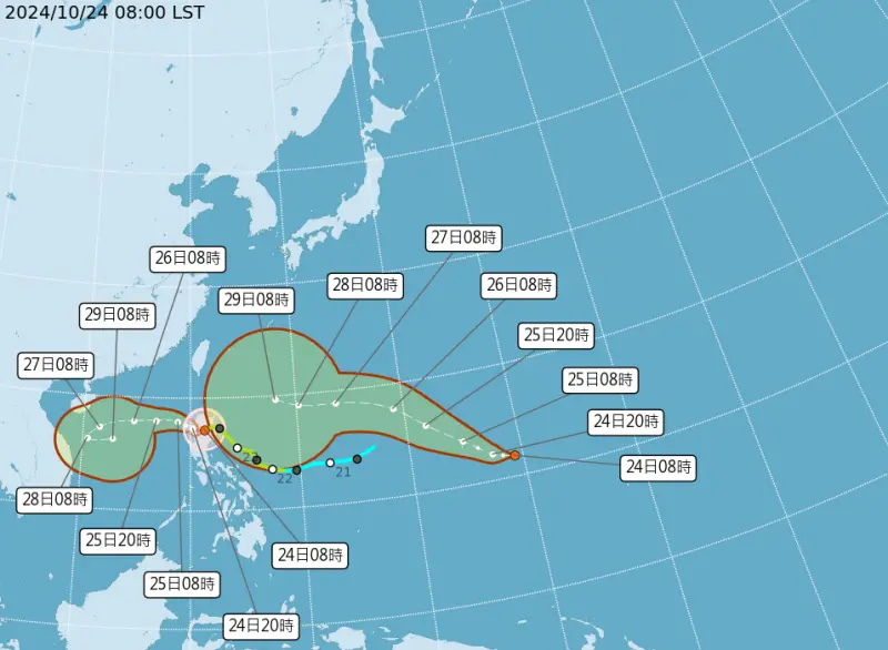 ▲潭美颱風外圍環流與東北季風產生共伴效應明顯，目前新北市、台北市山區、宜蘭縣山區、台東縣山區最新雨量預報已達停班停課標準，宜蘭縣政府表示，今天晚上10點前宣布是否放假。（圖／中央氣象署提供）