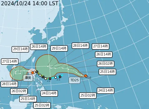 ▲潭美颱風、準康芮颱風雙颱對台灣影響出爐，有機會發生共伴效應，但藤原效應機會低。（圖／中央氣象署提供）