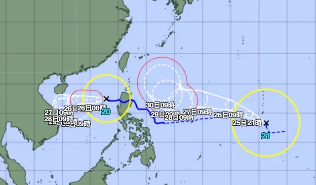 ▲康芮颱風預計在30日抵達日本沖繩南邊海域，轉彎的角度決定多靠近台灣，也不排除靠近台灣北部可能。（圖／翻攝自日本氣象廳）