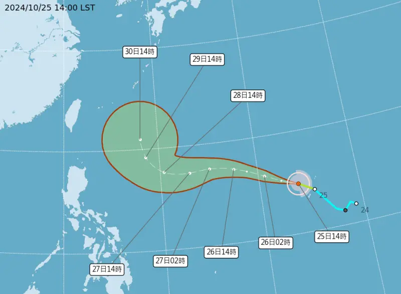 ▲康芮颱風預計將在下週一、週二開始北轉，往日本南方海面前進，不過若是北轉時間拖得更晚，就會往台灣靠近。（圖／中央氣象署提供）