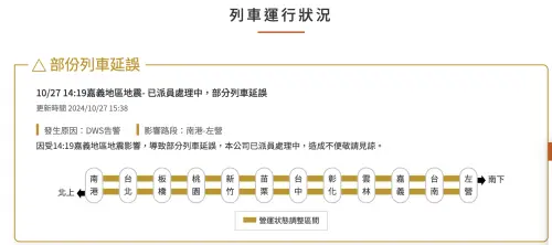 ▲受14時19分嘉義地區地震影響，導致部分「南港站-左營站」雙向營運列車延誤，已派員進行處理。（圖／高鐵官網）