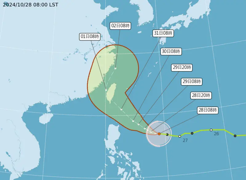 ▲康芮颱風路徑再修正往南偏了！中央氣象署今（28）日上午表示，最快明天下午發布海警，週三上午發布陸警。（圖/中央氣象署）