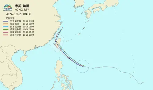 ▲康芮颱風多國預測路徑皆調整為登陸台灣。（圖／國家災害防救科技中心）