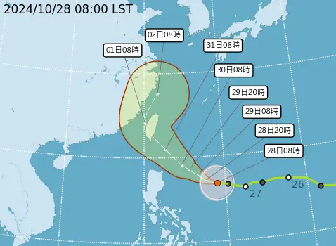 ▲中央氣象署最新路徑預測，颱風周四將籠罩全台。（圖／中央氣象署）