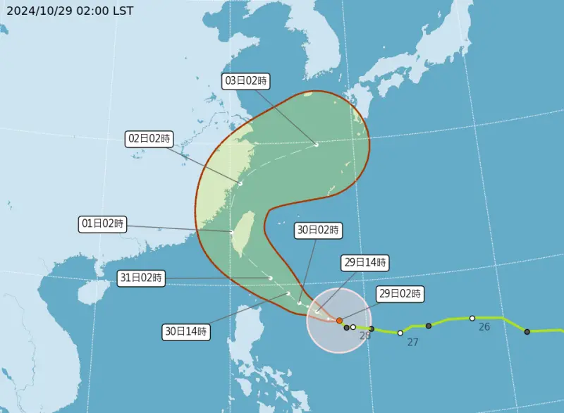 ▲康芮颱風今（29）日凌晨2時增強為中度颱風，不排除繼續增強為強烈颱風朝台灣而來。（圖/中央氣象署）