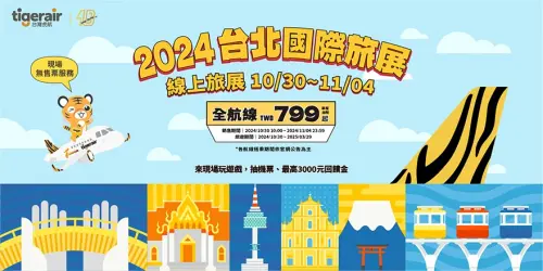 ▲台灣虎航「ITF線上旅展」全航線機票799元起單程未稅；現場攤位玩遊戲抽獎「不限航點免費來回機票」。（圖／台灣虎航提供）