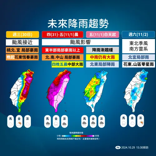 ▲康芮颱風最新風雨時程，屆時暴風圈將籠罩全台，週四至週五清晨影響台灣最劇烈，各地會有明顯的降雨！（圖/中央氣象署）