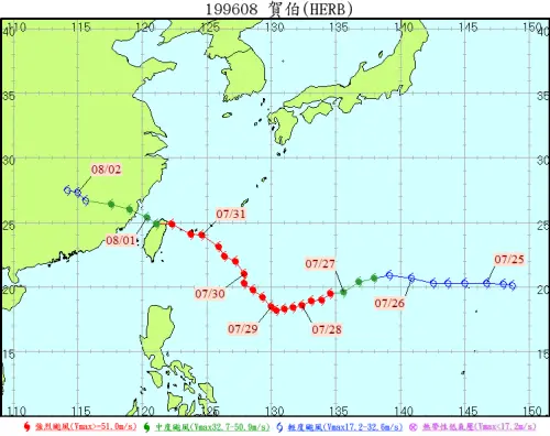 ▲1996年7月賀伯颱風的路徑。（圖／中央氣象署）