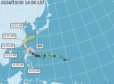 ▲康芮颱風「又胖又快」，將成為台灣史上10月下旬最強颱風，氣象署預估最快今深夜暴風圈觸陸。（圖／氣象署提供）