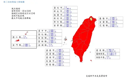 ▲據中央氣象署今（30）日下午16點公佈的最新「風雨預測」資料顯示，31日上午風力部分「除台北市，全台灣皆達到停班停課標準」。（圖／中央氣象署）