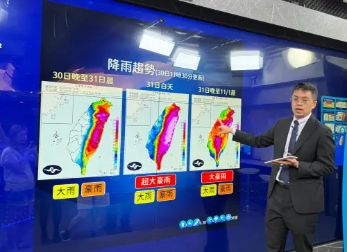 ▲林伯東預報員提醒，明天全台都會有大雨、豪雨以上等級的降雨發生。（圖／記者周淑萍攝）