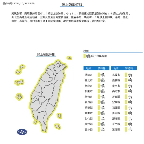 ▲強颱康芮來勢洶洶，中央氣象署持續針對各縣市發布大雨、豪雨、大豪雨特報、強風特報。（圖/中央氣象署）