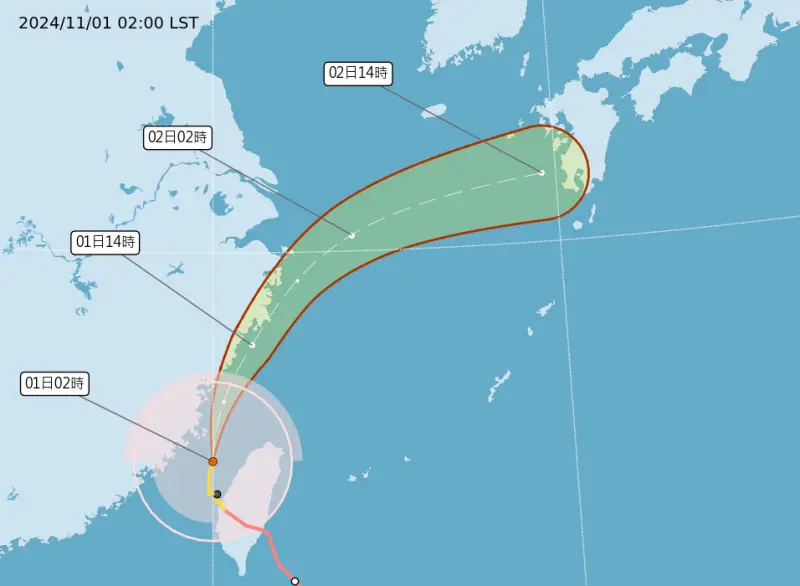 ▲康芮颱風快速北上遠離台灣，中央氣象署預估今（1）日上午本島就會脫離暴風圈，陸警中午前會解除，海警則是下午。（圖/中央氣象署）