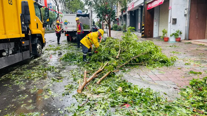 ▲台中市今天下午雨勢雖不大，但未見陽光，清潔隊員忙著整理傾倒的路樹。（圖／台中市政府提供，2024.11.01）