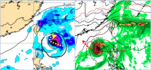 ▲熱帶擾動在菲律賓東方海面醞釀，歐洲（左）及美國（右）模式模擬，路徑會在台灣東南方海面迴轉，或穿過呂宋島。（圖／「三立準氣象．老大洩天機」）