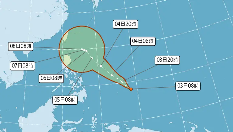 ▲關島附近海面出現新的熱帶性低氣壓，今天晚上至明（4）日這段時間，會增強為「銀杏颱風」。（圖／中央氣象署）