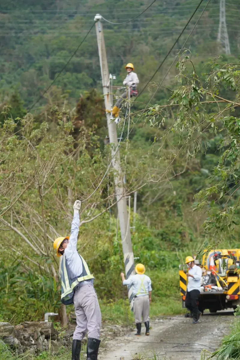 ▲大型樹木、電桿倒斷嚴重,等待道路搶通不僅延長了整體搶修時間,清除倒樹、重新建桿的作業也相當耗時。圖為花蓮區處同仁線路搶修。(圖/台電提供)