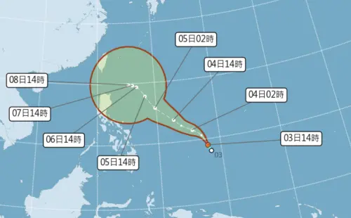 ▲關島附近海面出現新的熱帶性低氣壓，今天晚上至明（4）日這段時間，會增強為「銀杏颱風」。（圖／中央氣象署）