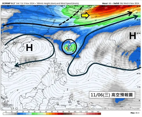 ▲銀杏颱風週三（11/6）到台灣東南方海面時，會陷入高壓弱點的「鞍型場」中，速度將明顯減慢。（圖／天氣職人-吳聖宇臉書）